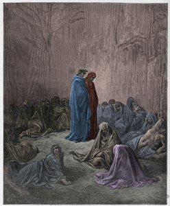 Purgatoire, Chant 13 : Les âmes des envieux, illustration de La Divine Comédie de Dante Alighieri, 1885 (gravure colorée numériquement)
